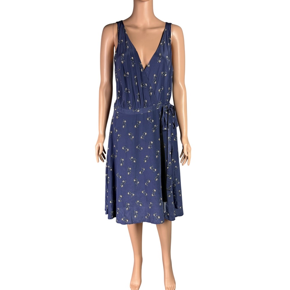 Amour Vert Silk‎ Wrap Dress Midi Sz L Floral Daisy Sleeveless V-Neck Cottagecore
